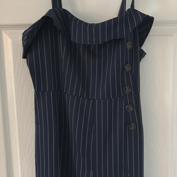 Essue Navy Pinstripe Wide Leg Jumpsuit | Button Detail | Size M - Picture 2 of 7
